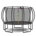 Black and red 12-foot pumpkin-shaped trampoline with basketball hoop — front view