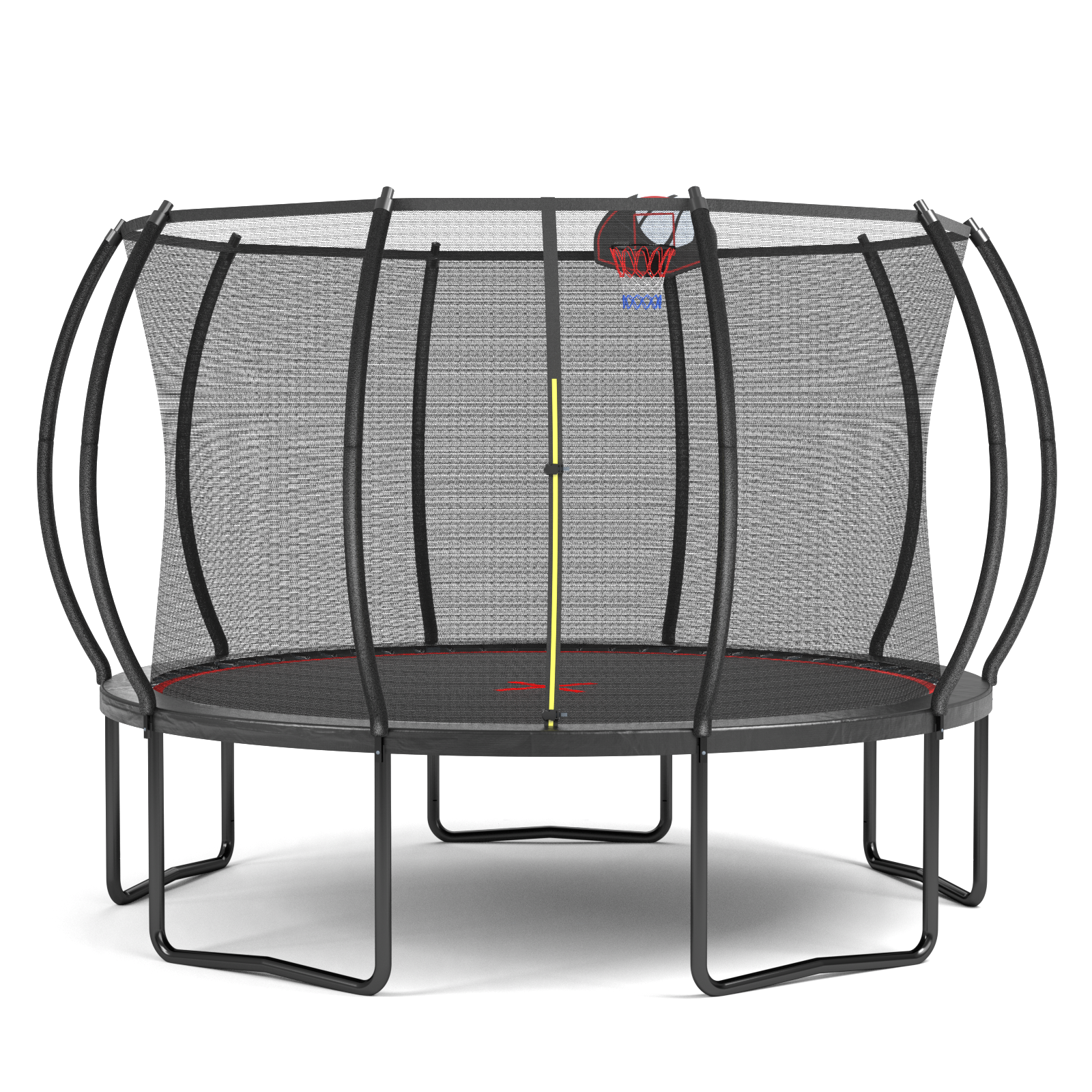 Black and red 12-foot pumpkin-shaped trampoline with basketball hoop — front view