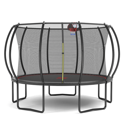 Black and red 12-foot pumpkin-shaped trampoline with basketball hoop — front view