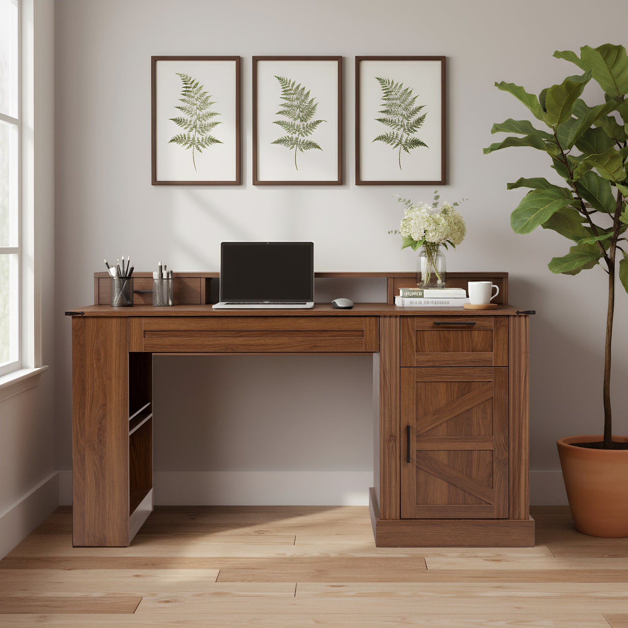 55-inch dark walnut office desk with charging station and storage cabinet — angle view