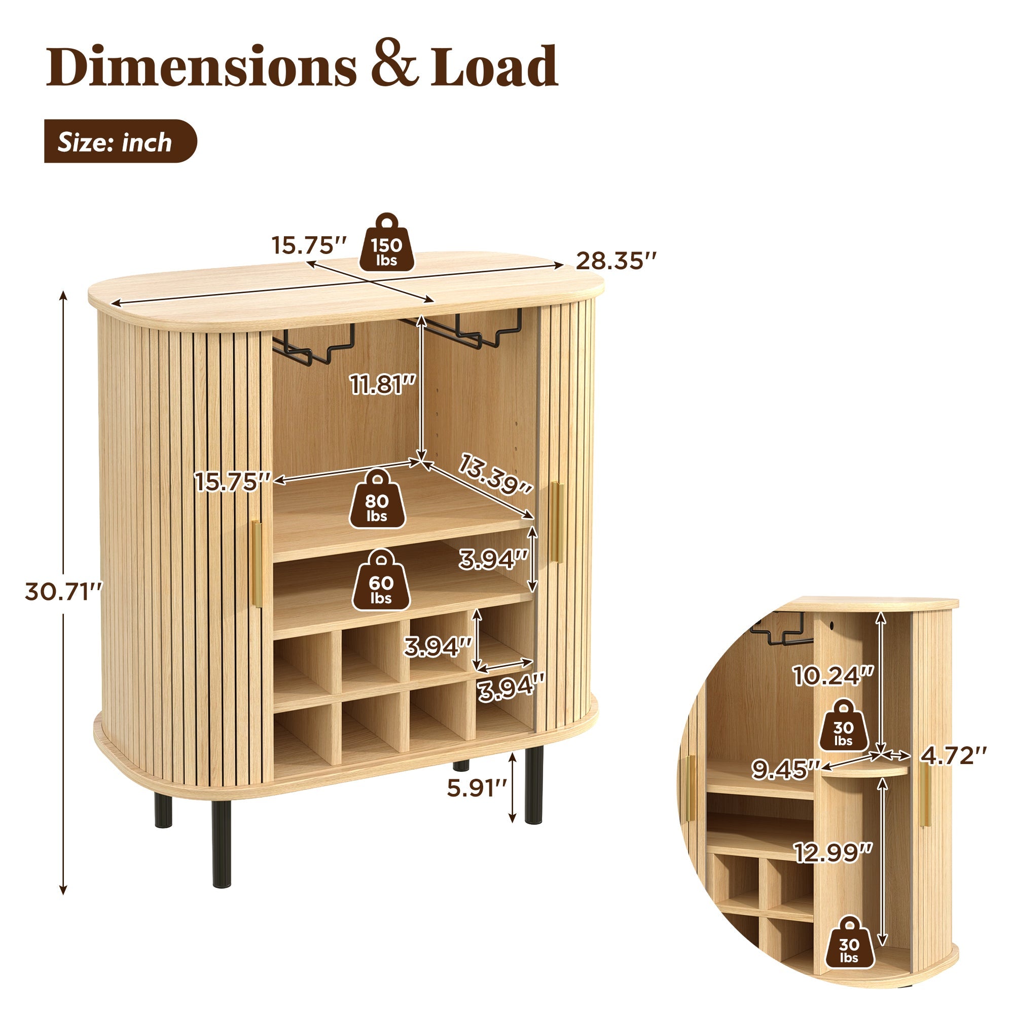 28' Fluted Wine Bar Cabinet with 8-Grid Wine Rack, 5-Level Adjustable Shelves, 2 Glass Holders, Smoothly Sliding Tambour Doors, 4 Hidden Storage Space on the Side, Modern Liquor Coffee Station, Black