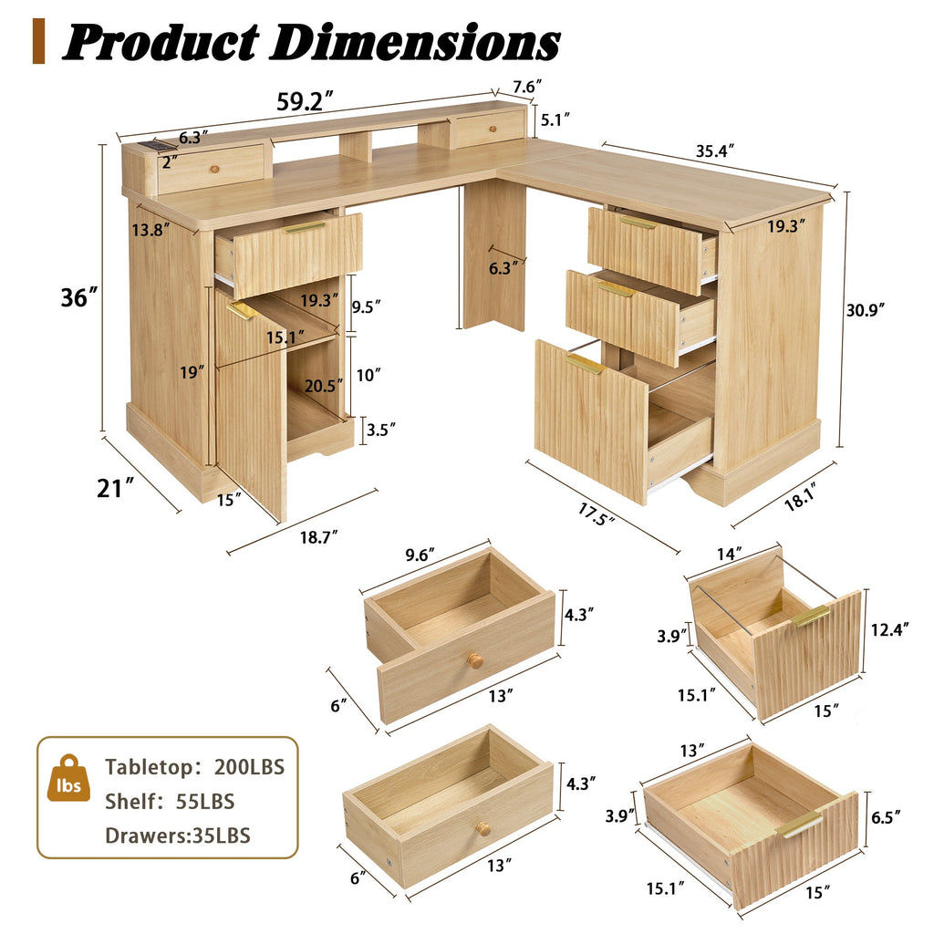 Fluted L-Shaped Desk with Charging Station, Monitor Stand & File Drawer — 59-Inch