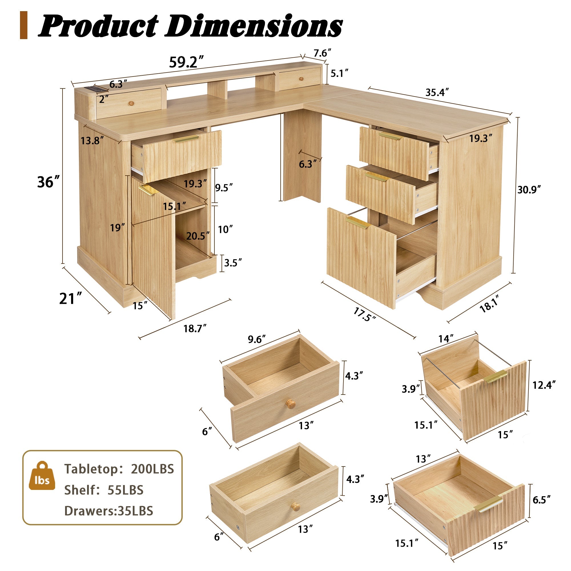 Fluted L-Shaped Desk with Charging Station, Monitor Stand & File Drawer — 59-Inch