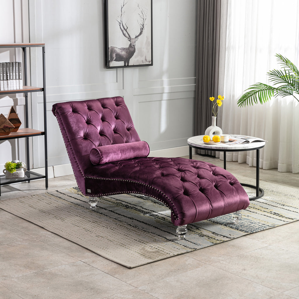 Button-tufted purple velvet chaise lounge angle view