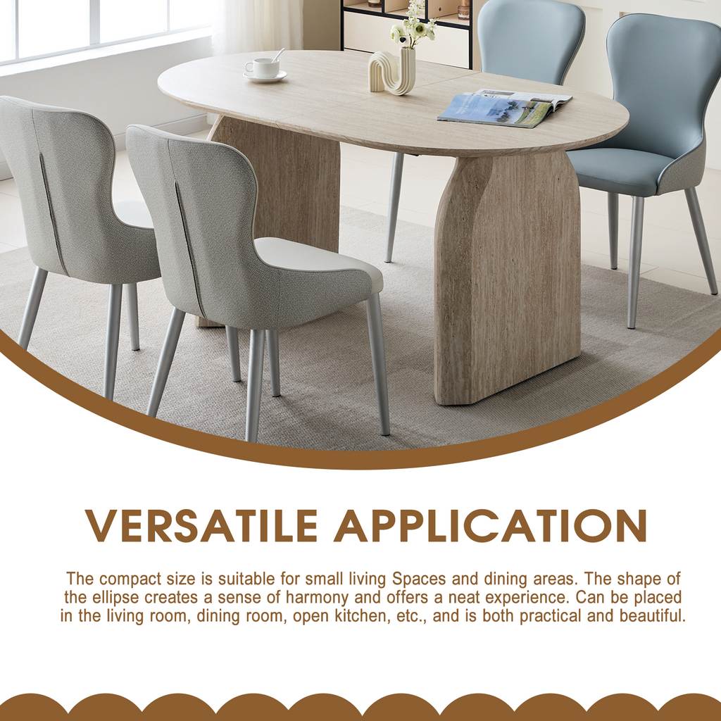 Dual-pillar curved leg design on oval dining table side profile