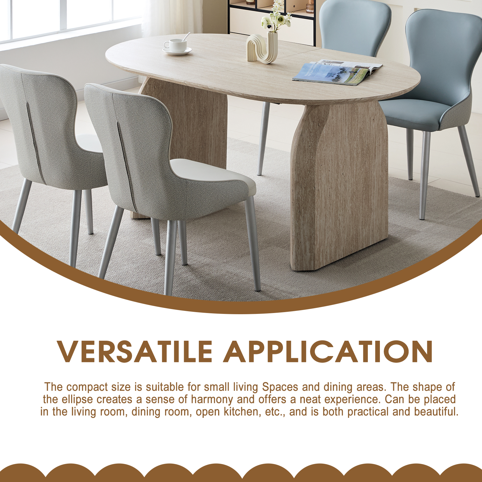 Dual-pillar curved leg design on oval dining table side profile