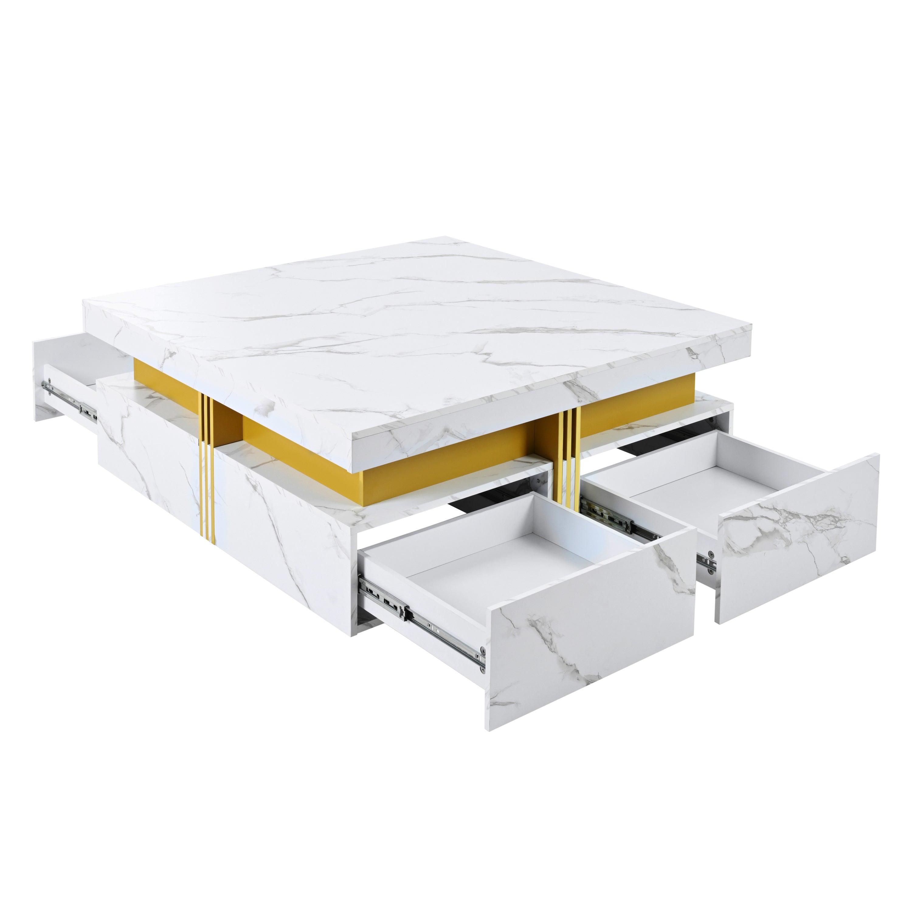 Square Storage Coffee Table — 4 Drawers & Gold Accents