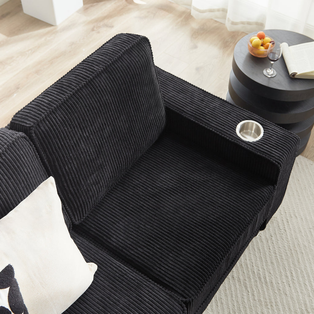 Black corduroy sofa removable back cushion detail