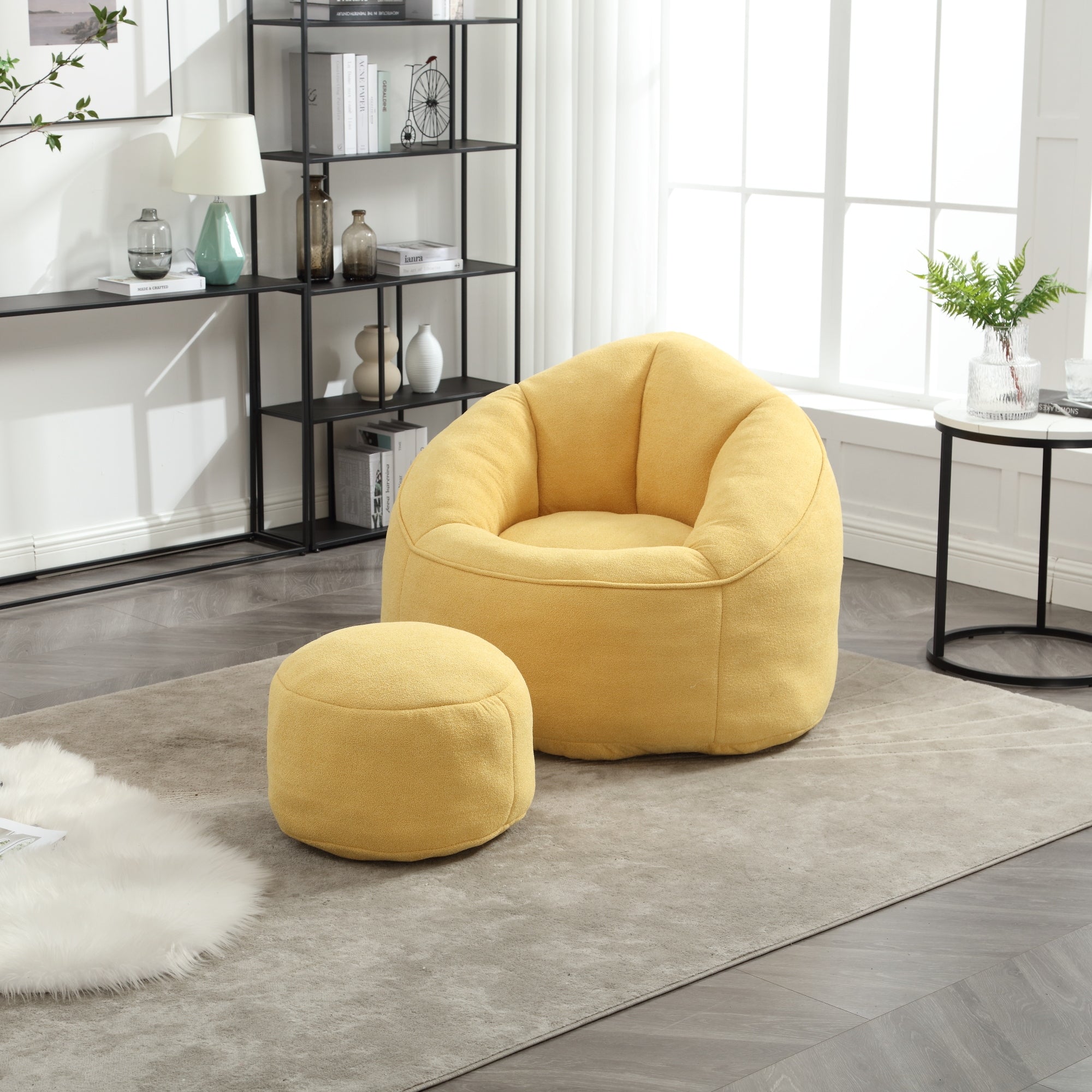 Yellow bean bag chair with matching footrest