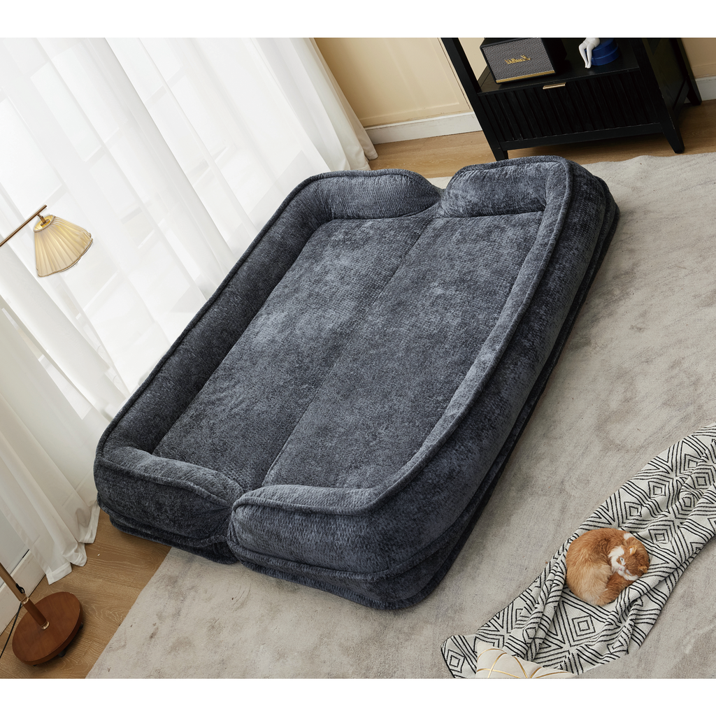 Dark gray human dog bed loveseat side profile view
