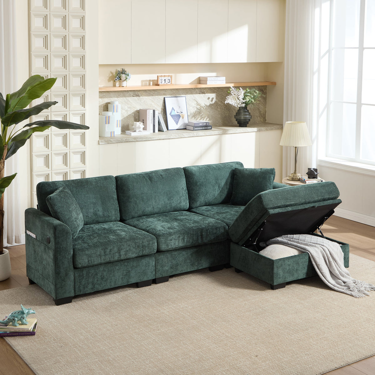 Modern Storage Sofa with Dual USB, 2 Side Pockets,Ottoman Storage Bench Cloud Sectional Chenille Sofa Oversized,4-Seat, L-Shaped Couch,Black