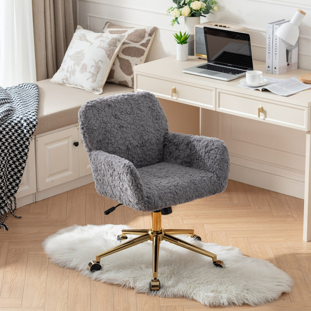 Faux Fur Office Chair — 40° Reclining with Gold Metal Base & Wheels