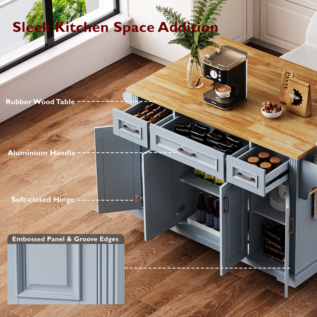 K&K 54inch Large Kitchen Island with Rubber Wood Drop Leaf, Embossed Texture Rolling Kitchen Cart on 4 Wheels with 4 Doors and 3 Drawers, Kitchen Island with Storage for Kitchen, Dining Room,Black