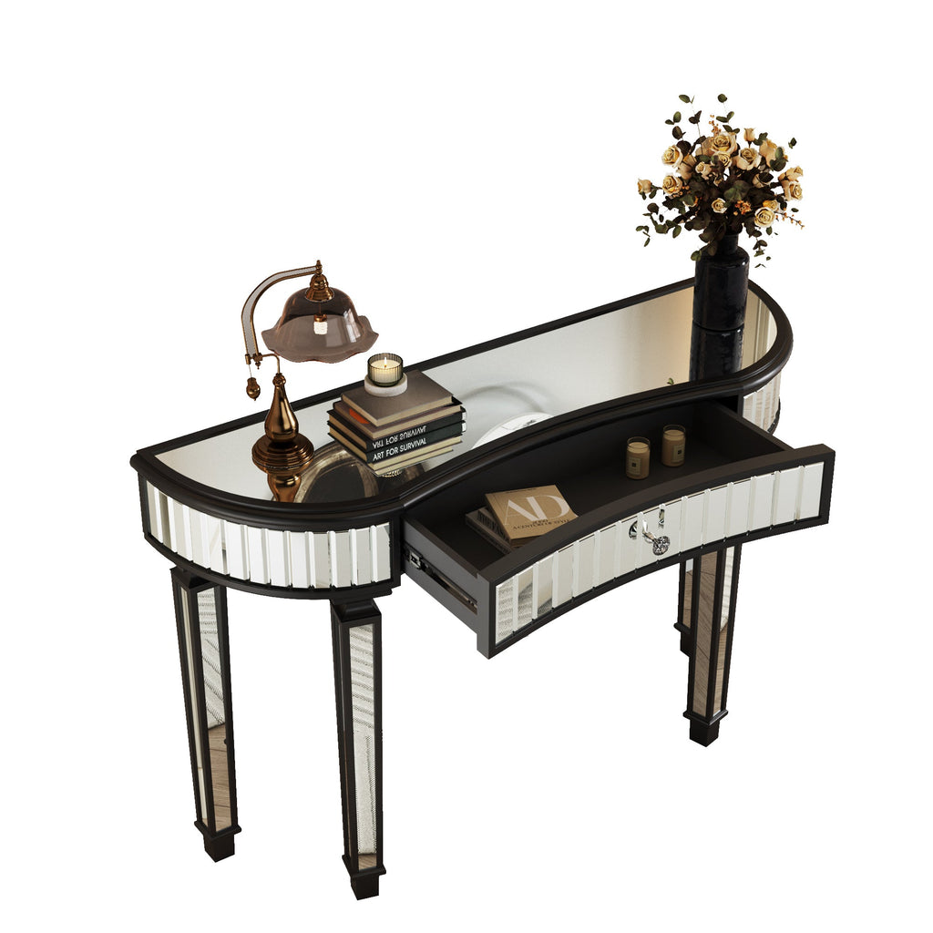 47" Half-Moon Mirrored Console Table — Fluted Glass & Crystal Drawer