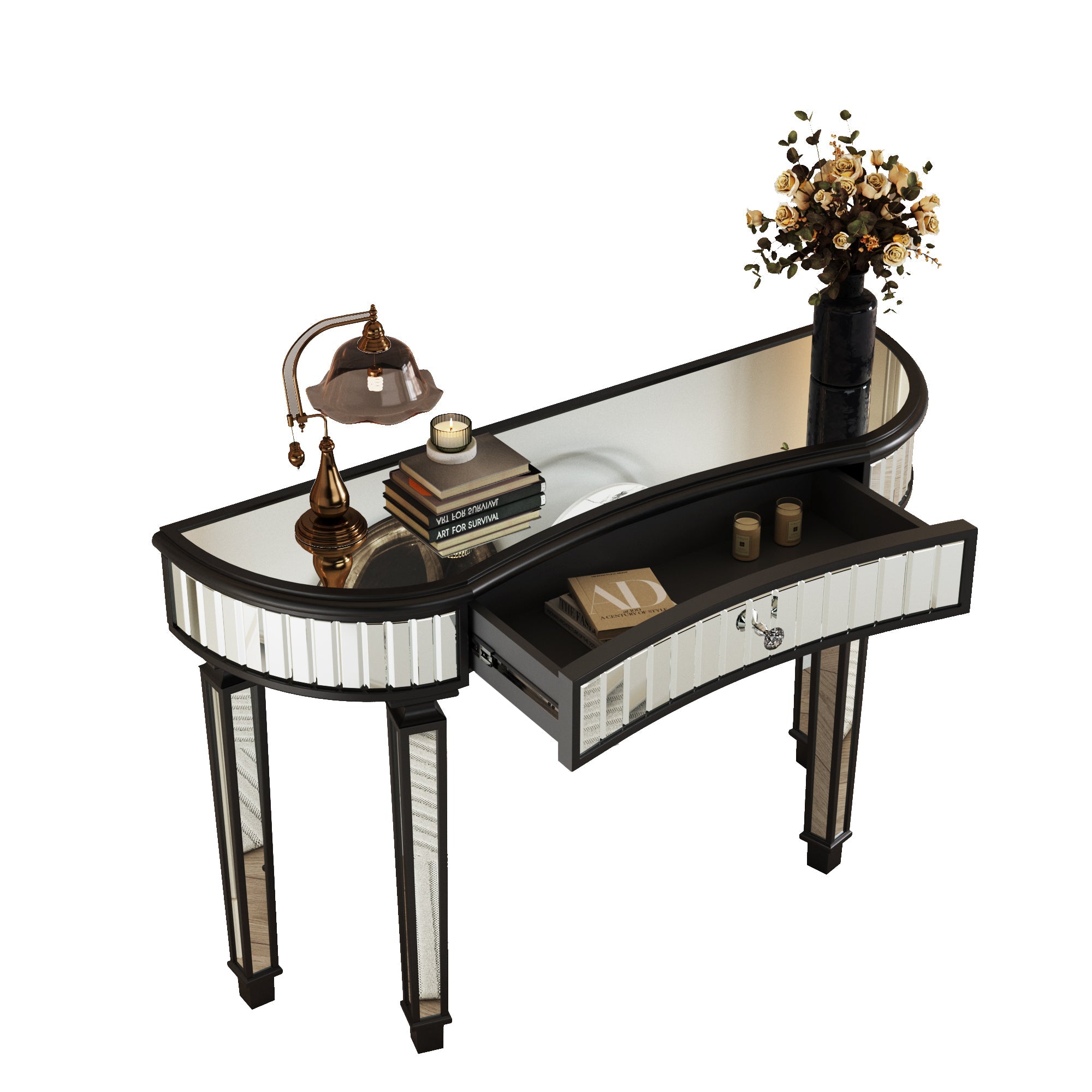 47" Half-Moon Mirrored Console Table — Fluted Glass & Crystal Drawer