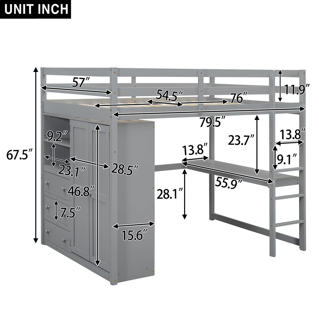 Loft bed with built-in wardrobe and storage shelves