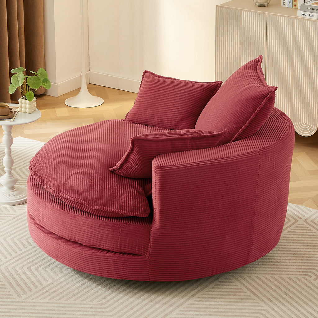 Corduroy Swivel Barrel Chair — 360° with Removable Pillows