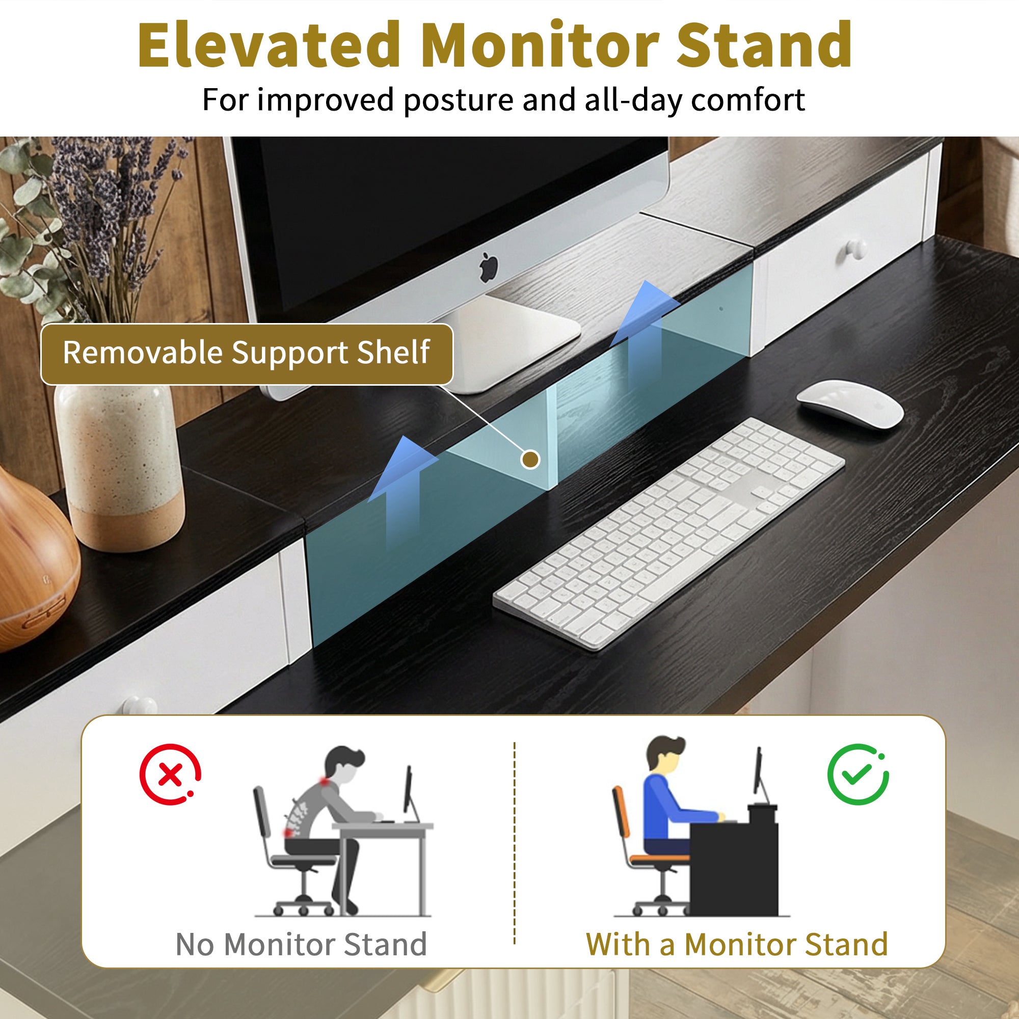 White fluted desk monitor stand height adjustment detail