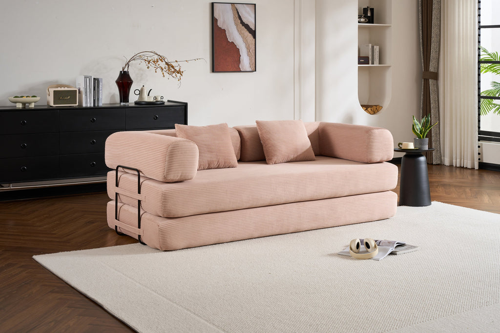 Convertible Sleeper Sofa Bed with Cylindrical Pillow, Corduroy Folding Mattress Couch with Fixed-Shape Frame, Floor Sofa Lounge Couch for Living Room Bedroom Black