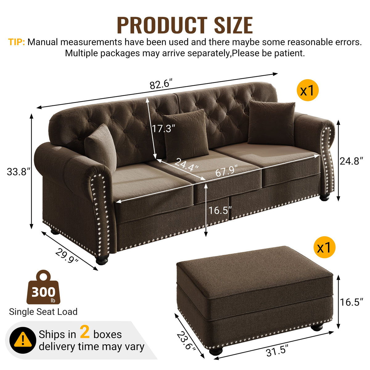 82.6'Upholstered Velvet Sofa with Nailhead Trim and Rolled Armrests,Mid-Century Modern Chesterfield Sofa with Button Tufted,Includes 3 Pillows,Burgundy