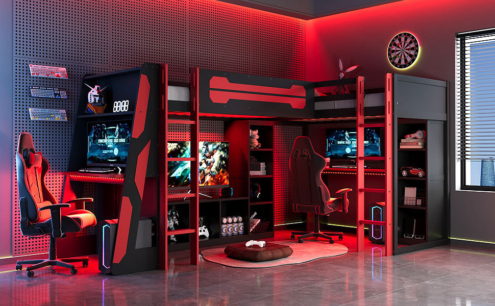 Red wooden gaming bed frame RGB LED accent lighting