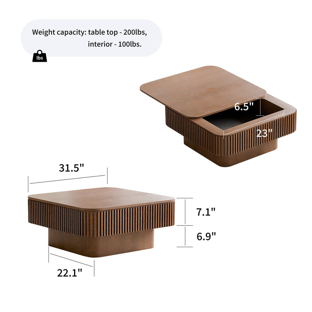 31.5'' Square Coffee Table with Storage Solid Wood Veneered Modern Coffee Table Accent Tea Table for Living Room, Bedroom, Apartment or Office, Natural Wood