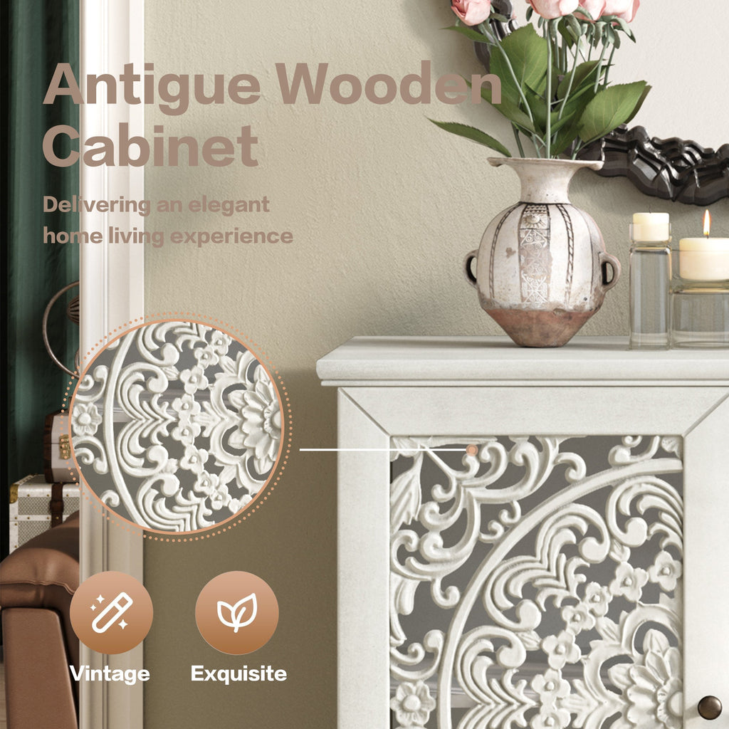 Vintage Hollow-Carved Accent Cabinet, 2-Door Display Storage Sideboard with Symmetrical Floral Design, Adjustable Shelf and Solid Wood Legs for Living Room Entryway(Antique Green)