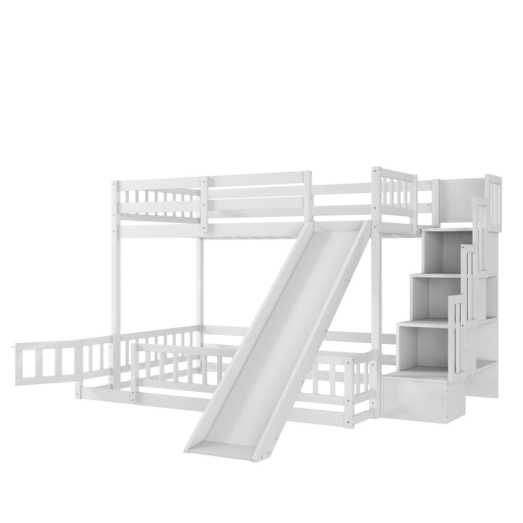 Twin Over Full Bunk Bed with Slide, Storage Staircase, Pine Solid Wooden Bunk Bed with Safety Guardrails ,Grey (Old Sku W504S00184)