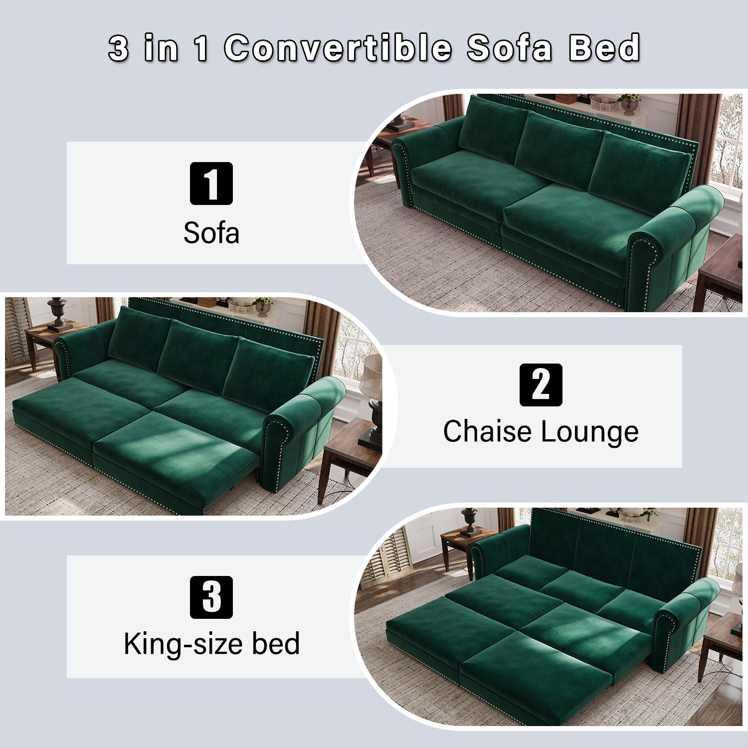 Three-seat green Chesterfield sofa side profile