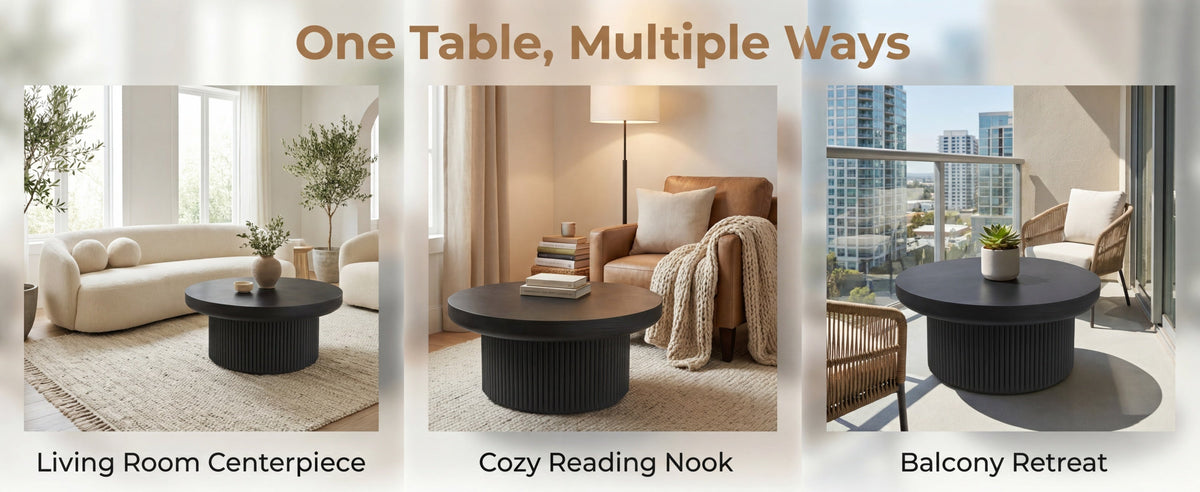 33.5'' Round Fluted Coffee Table with Real Wood Parquet Pattern Top & Cylindrical Base, Thickened Tabletop, Mid-Century Modern Circle Cocktail Table for Living Room, Small Space, Walnut