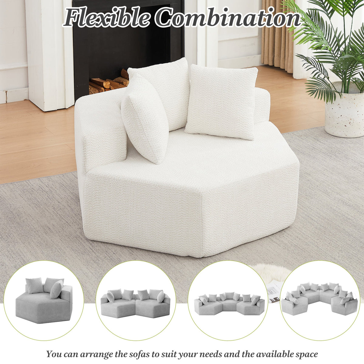 54-inch Modern-style hexagonal single lounge chair, featuring versatile arrangements and a modular design; this chenille-upholstered sofa is ideal for lounges, game rooms, living rooms, and bedrooms.
