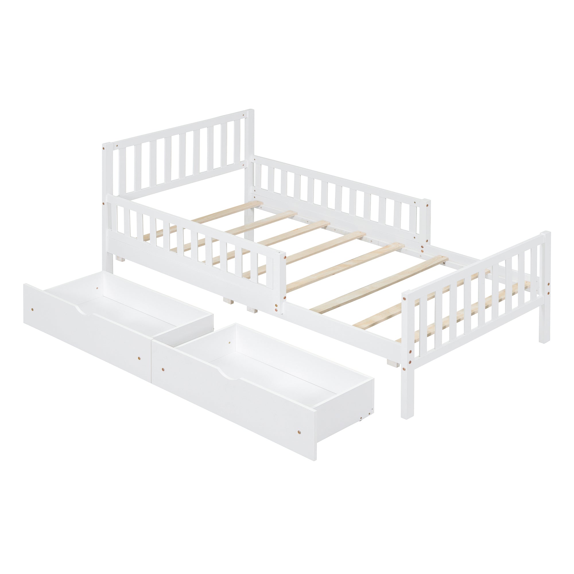 Wood platform bed with side guardrails — side profile