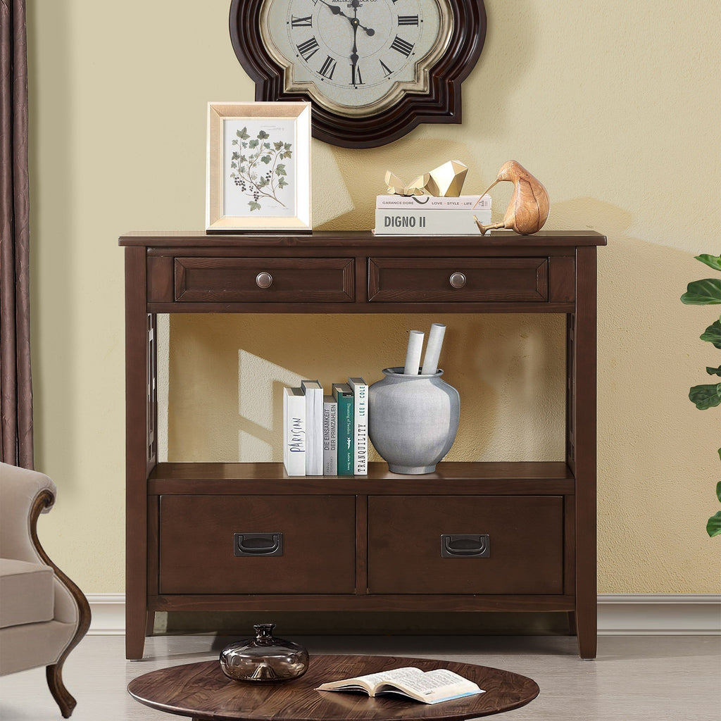 Light espresso farmhouse console table drawer organization detail