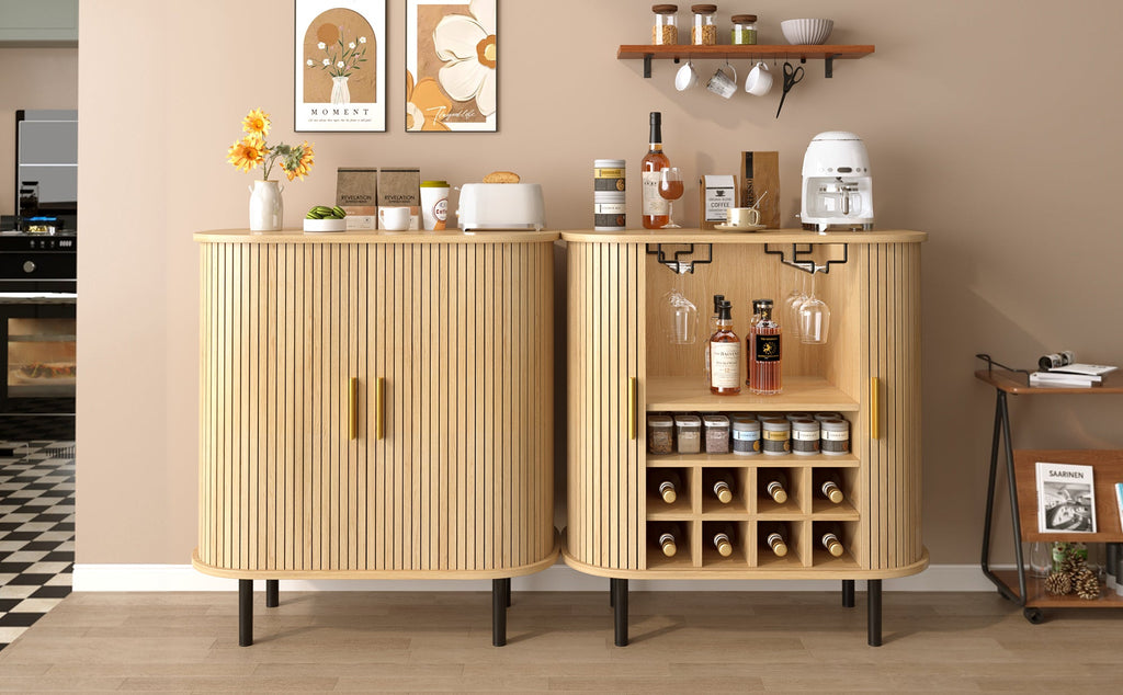 28' Fluted Wine Bar Cabinet with 8-Grid Wine Rack, 5-Level Adjustable Shelves, 2 Glass Holders, Smoothly Sliding Tambour Doors, 4 Hidden Storage Space on the Side, Modern Liquor Coffee Station, Black