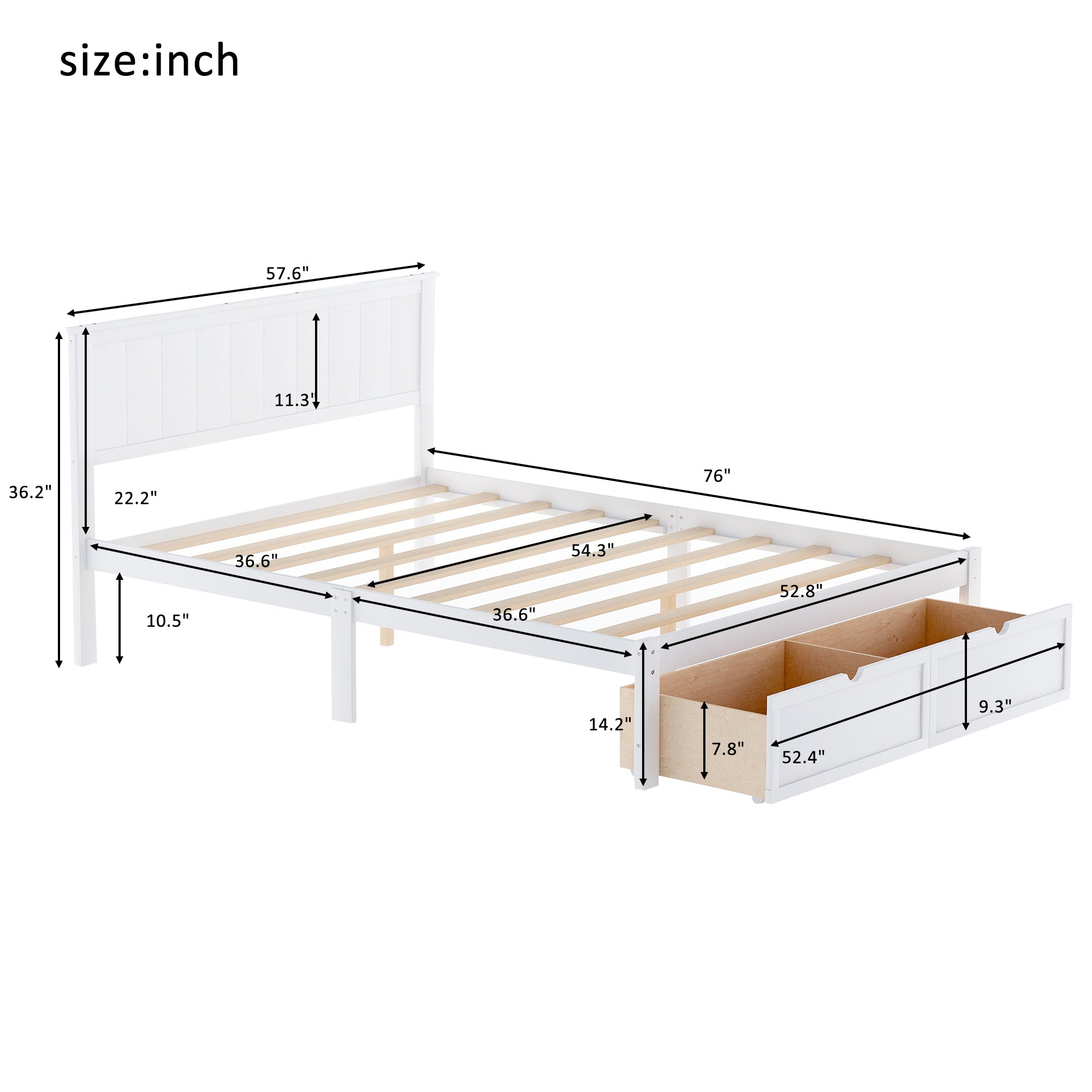 White platform bed with two under-bed drawers — side view