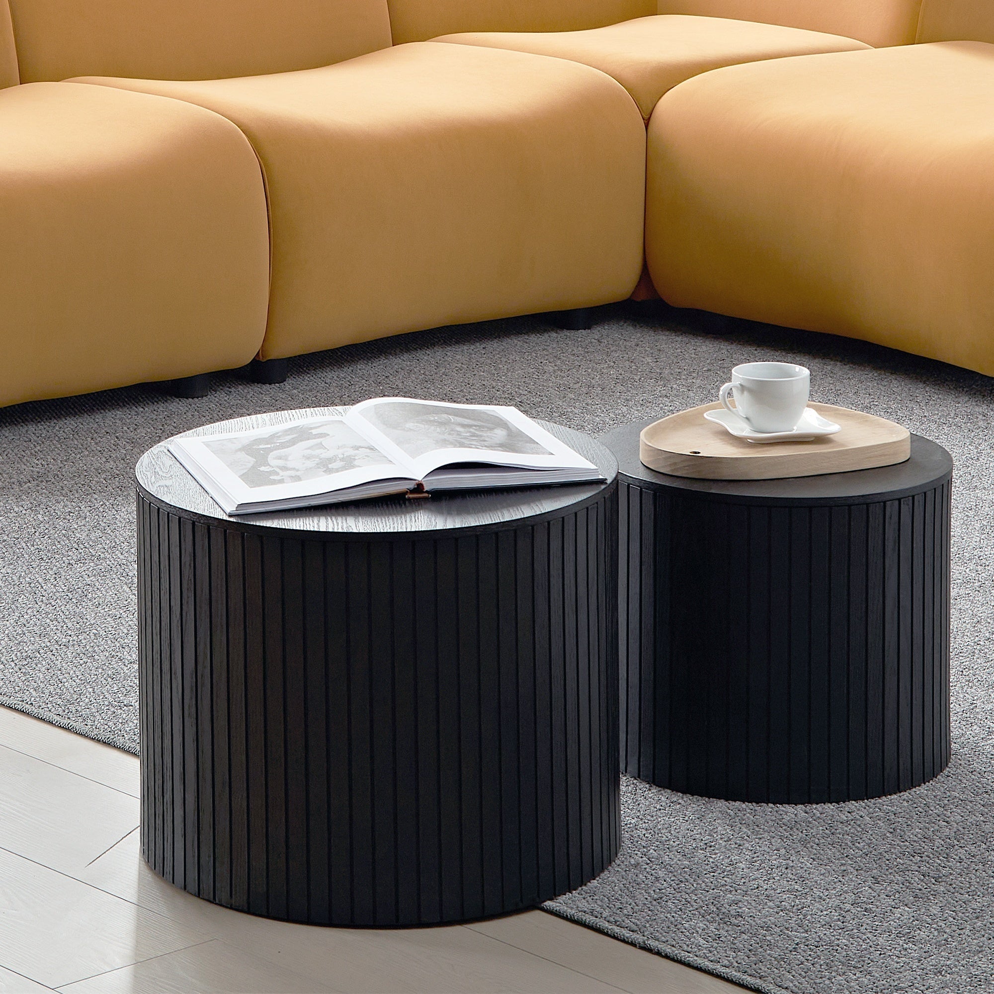 Modern nesting coffee tables tucked together space-saving layout