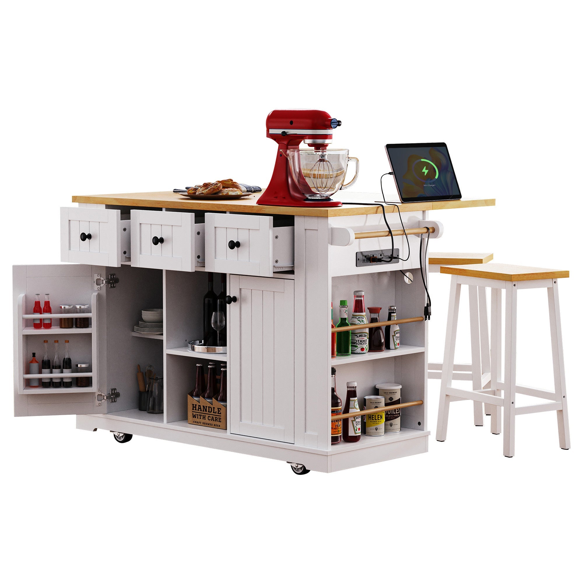 K&K 53inch Large Kitchen Island with 2 Bar Stools, Power Outlet,Door Internal Storage Rack, Kitchen Storage Cart on 5 Wheels with Drop Leaf, 5 Open Side Racks, 3 Drawers,Black (Three Packages)