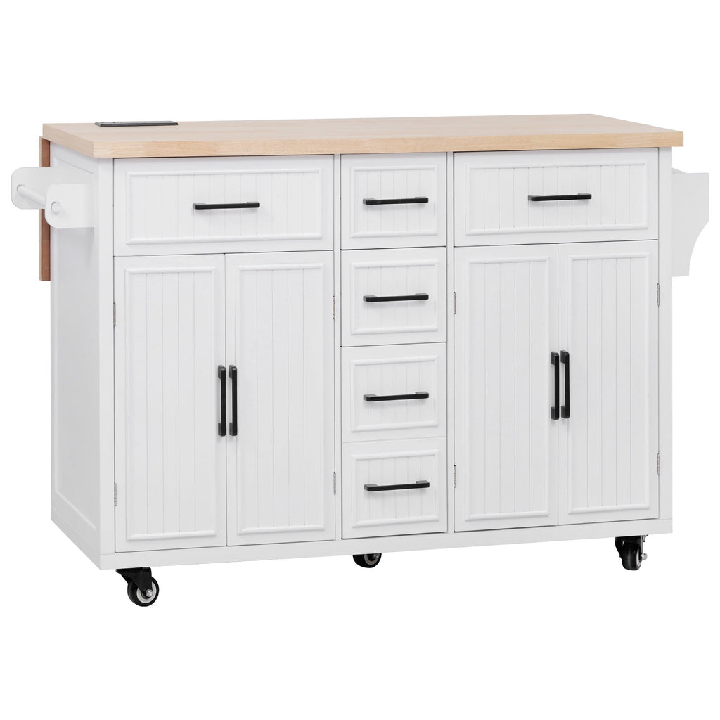 K&K 56.5'' Kitchen Island with Drop Leaf, Power Outlet, Embossed Vertical Stripe Rolling Kitchen Cart on Wheels with 4 Doors , 5 Deep Drawers and Adjustable Shelves, for Kitchen, Dining Room, Black