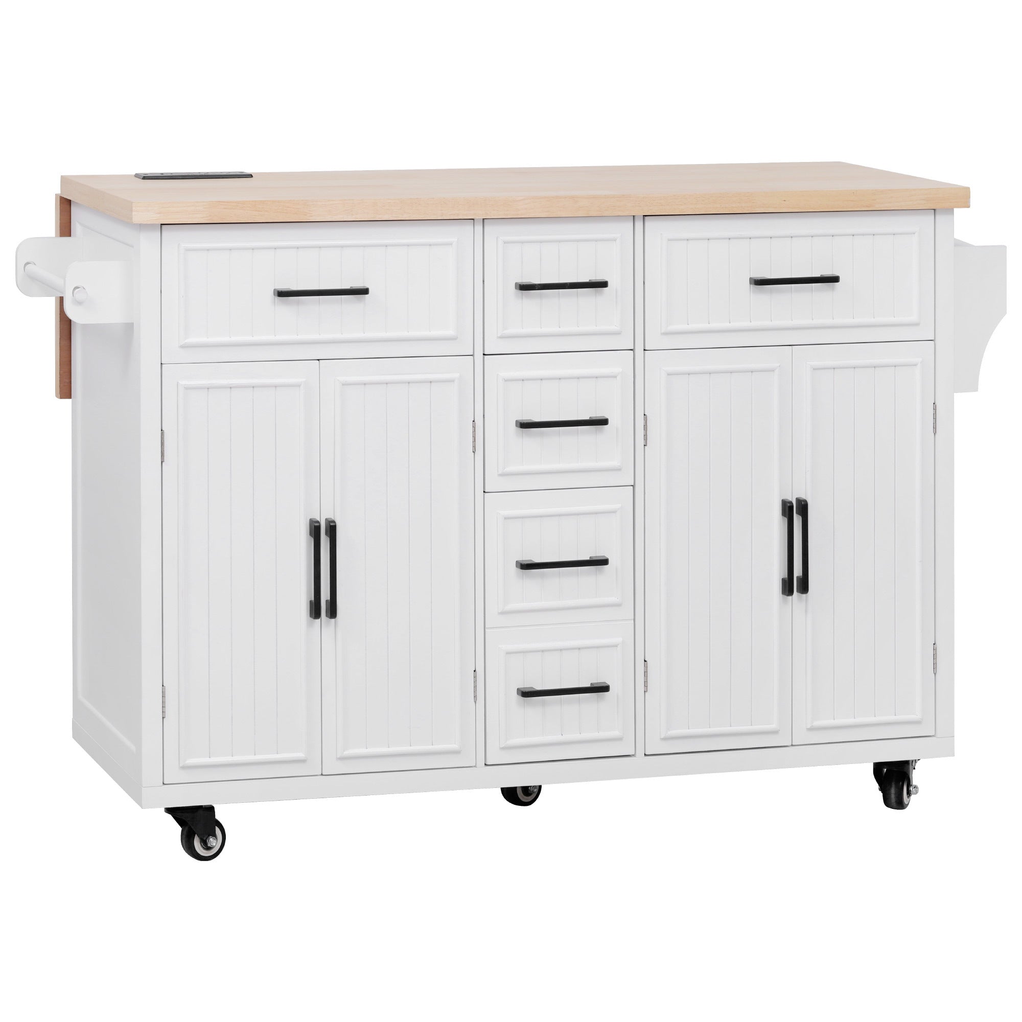 K&K 56.5'' Kitchen Island with Drop Leaf, Power Outlet, Embossed Vertical Stripe Rolling Kitchen Cart on Wheels with 4 Doors , 5 Deep Drawers and Adjustable Shelves, for Kitchen, Dining Room, Black