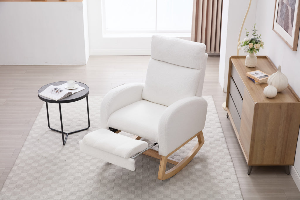 White rocking chair high backrest and headrest detail