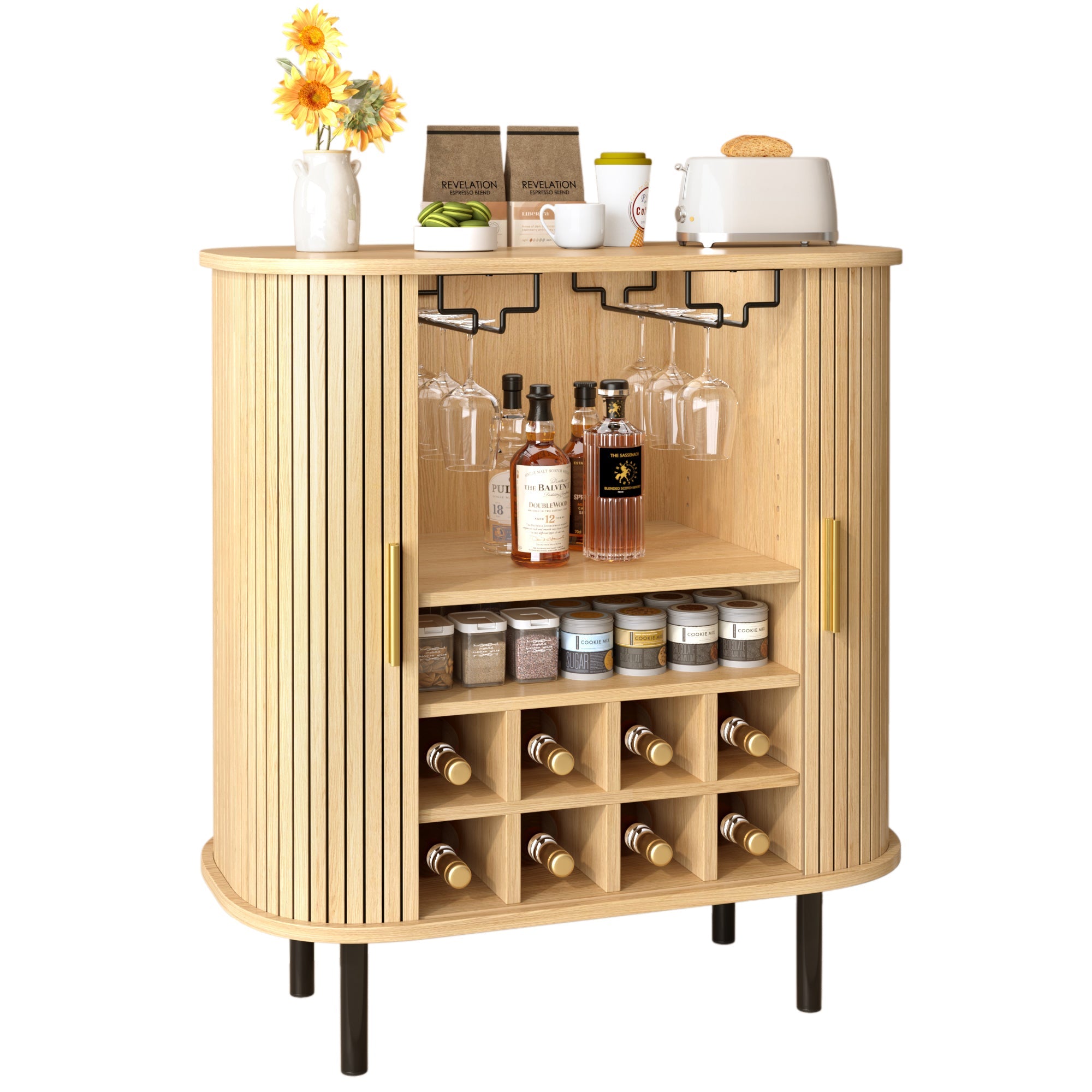 28' Fluted Wine Bar Cabinet with 8-Grid Wine Rack, 5-Level Adjustable Shelves, 2 Glass Holders, Smoothly Sliding Tambour Doors, 4 Hidden Storage Space on the Side, Modern Liquor Coffee Station, Black