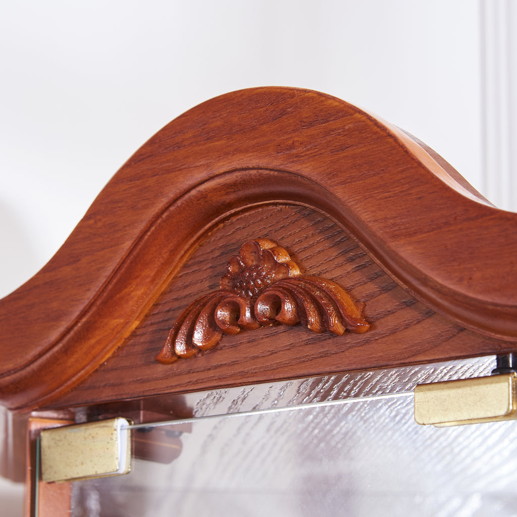 Oak glass curio cabinet side profile view