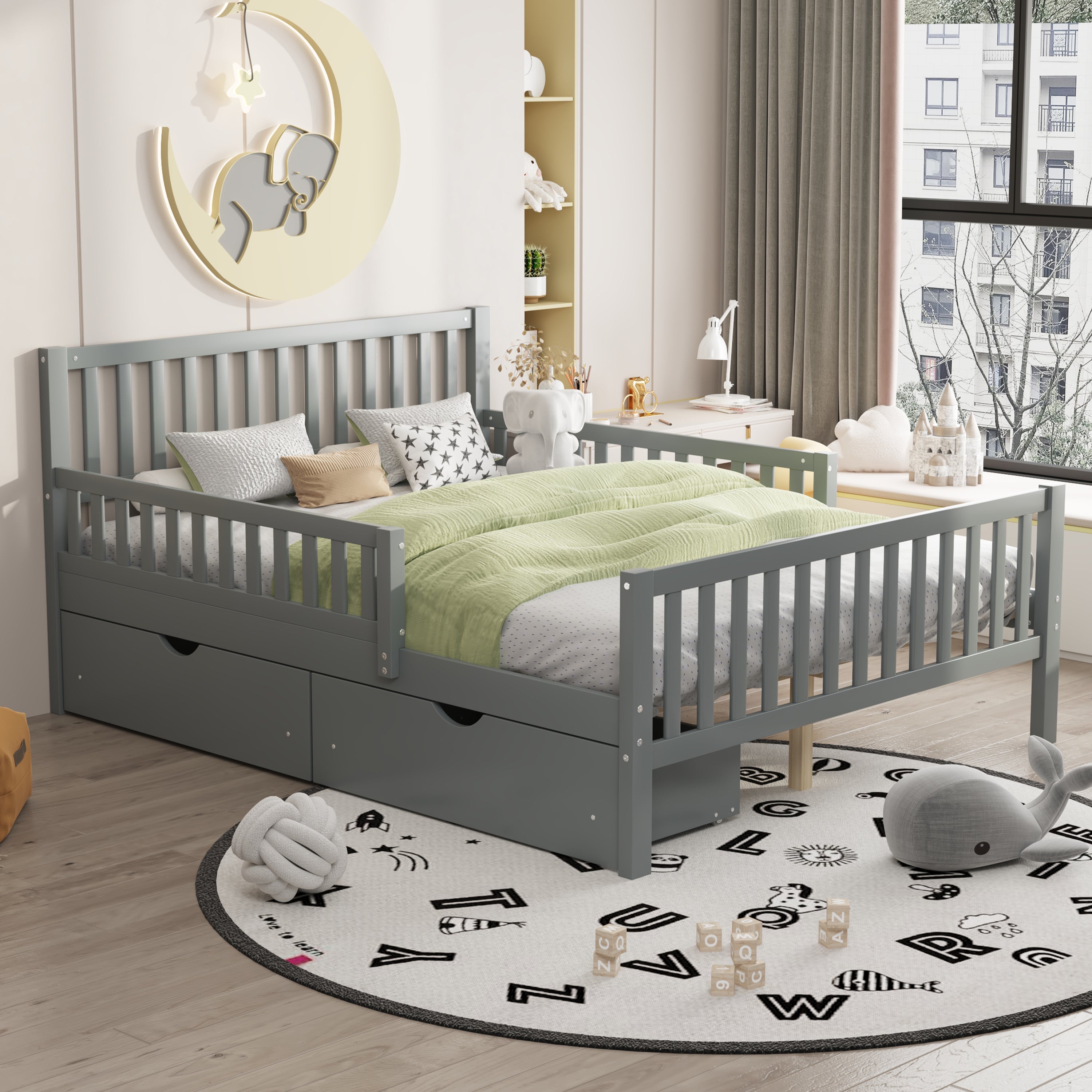 Full-size platform bed with headboard and footboard — angle view