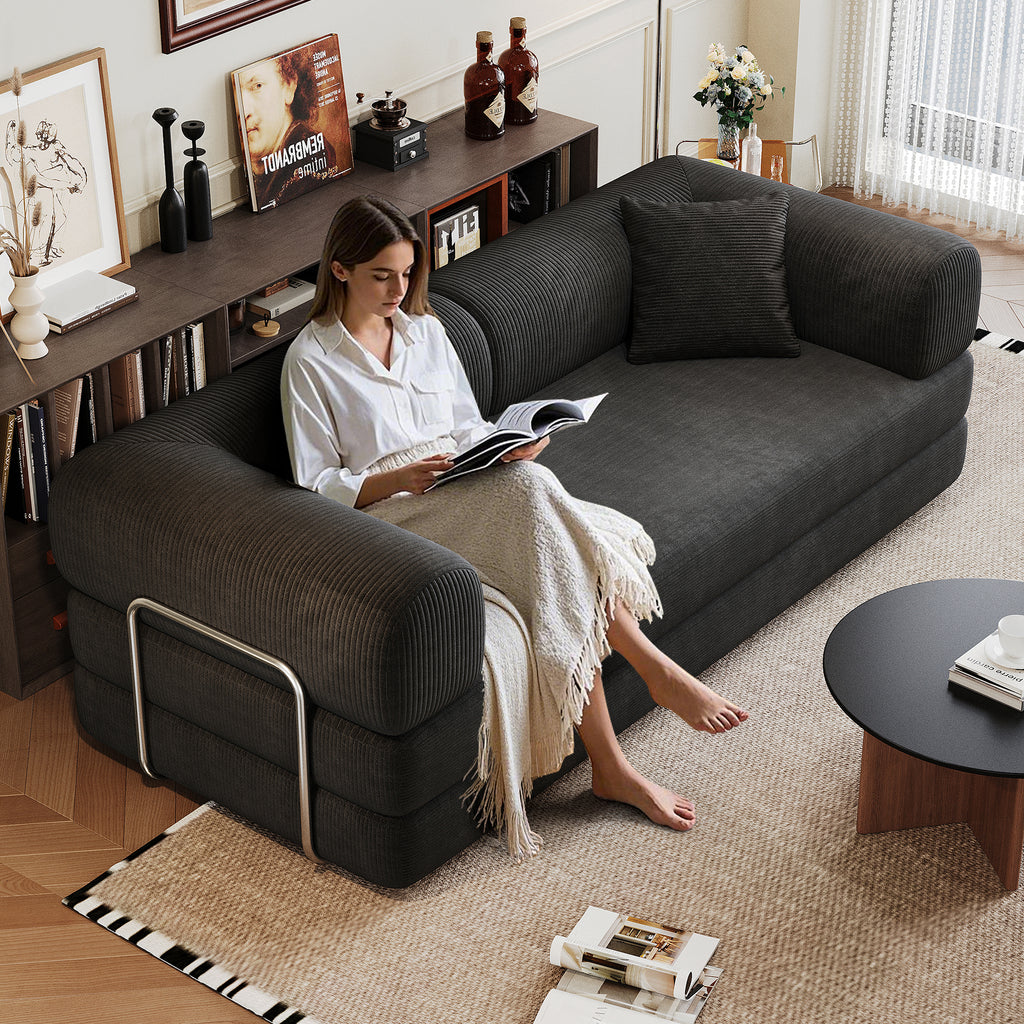 Black corduroy compression convertible floor sofa bed — front view
