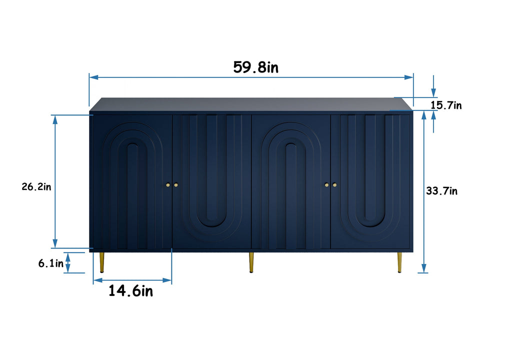 60" 4-Door Lacquered Sideboard — Gold Metal Legs & Knobs