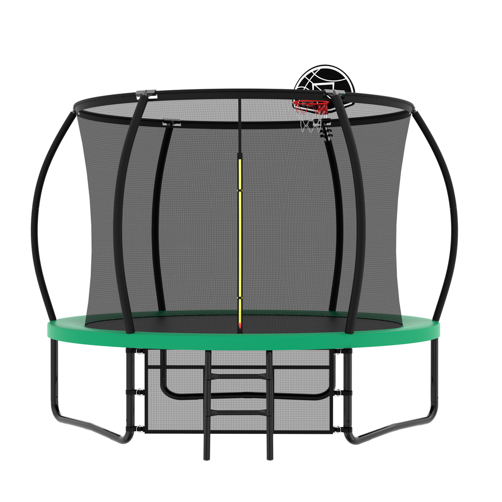 Green 10-foot pumpkin-shaped trampoline with basketball hoop — front view