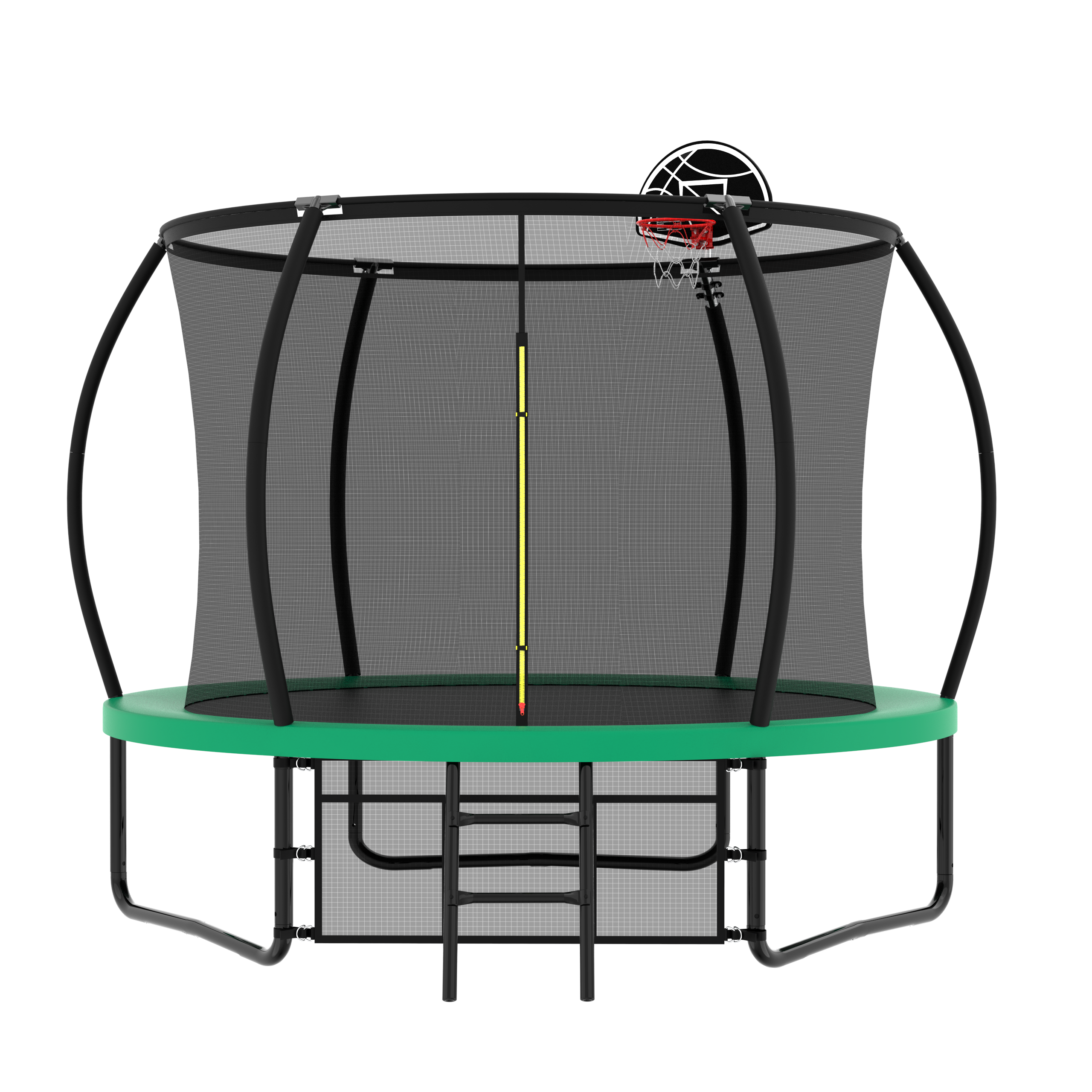 Green 10-foot pumpkin-shaped trampoline with basketball hoop — front view