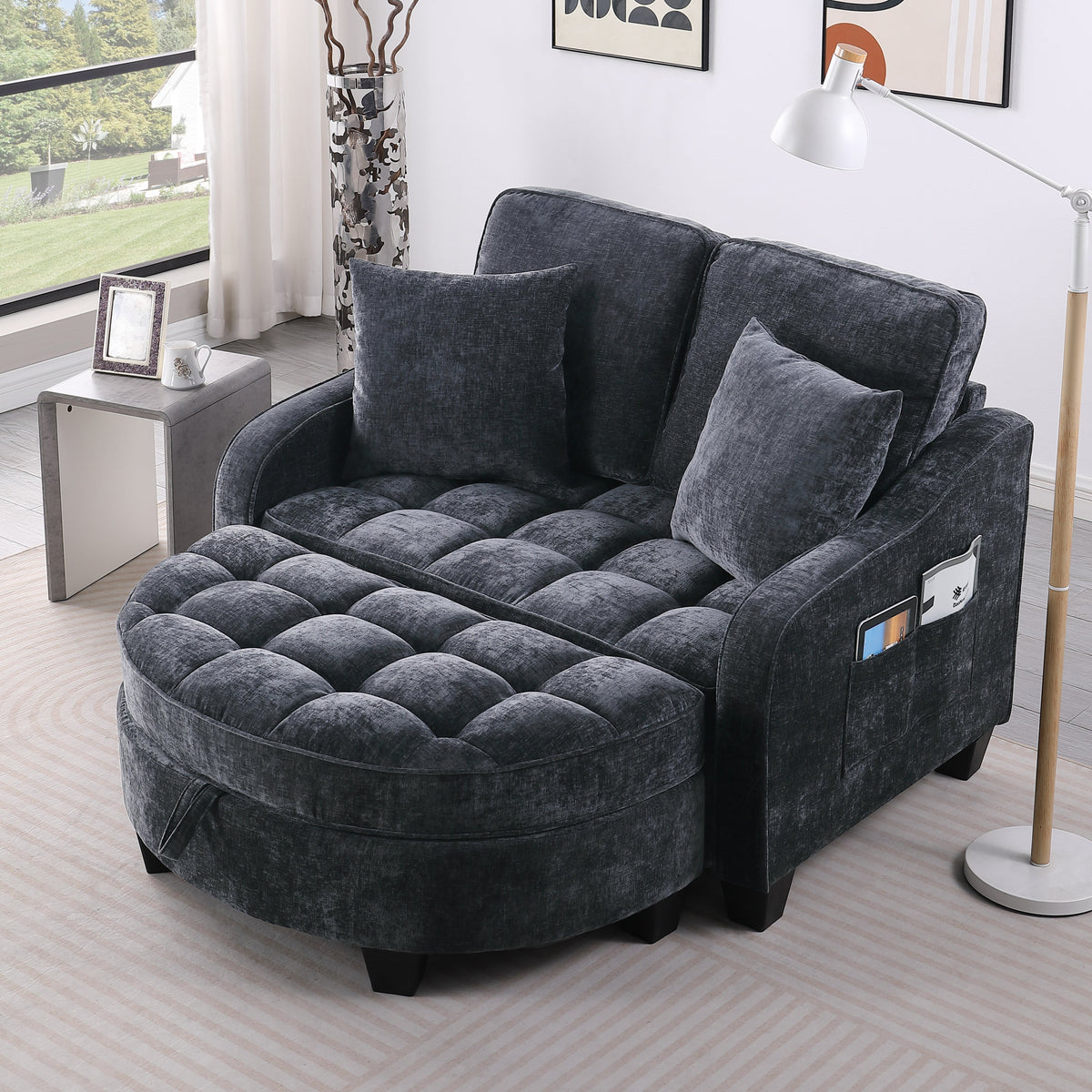 Two-seater sofa, double sofa chaise longue, with irregular armrests and backrests, footrest with storage space, comes with two small throw pillows, suitable for living room and bedroom -Blue
