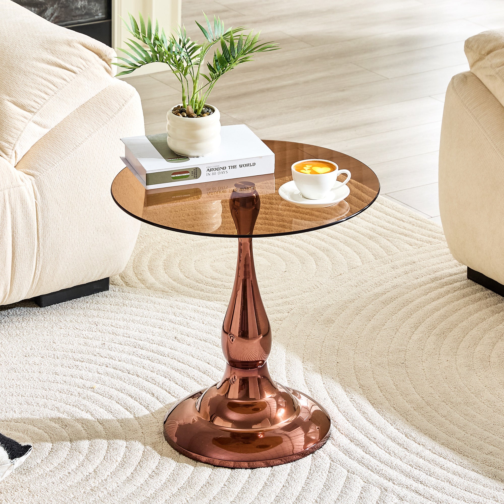 Rose gold round metal side table brown glass top — front view