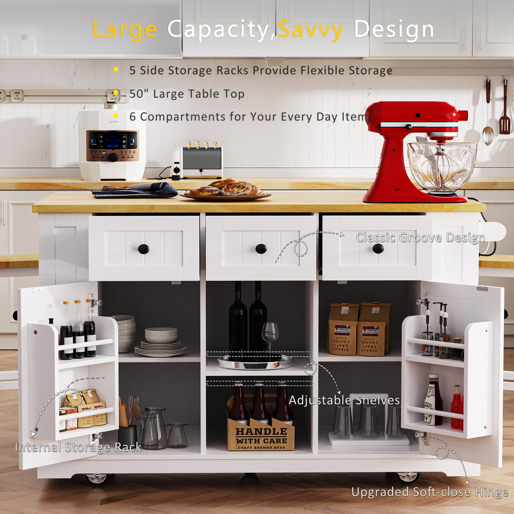 K&K 53inch Large Kitchen Island with Drop Leaf,Power Outlet,Door Internal Storage Rack,Rolling Kitchen Cart on 5 Wheels with 5 Open Side Racks for Kitchen,Black(Two Packages)(Stools not included)